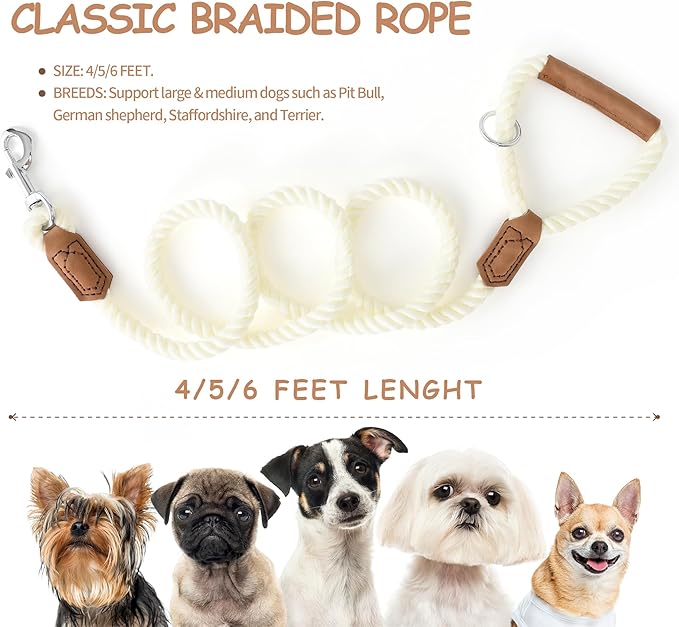 Mile High Life Dog Leash, Braided Cotton Rope Leashes with Leather Handle - Heavy Duty Metal Clasp, 5FT, 1/2" Thick - Wedding, Walking & Training Leash for Small Medium Large Dogs (White)