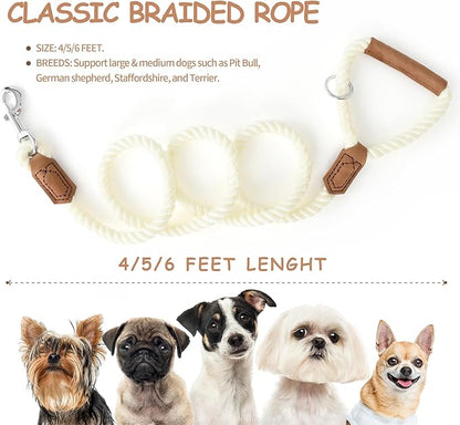 Mile High Life Dog Leash, Braided Cotton Rope Leashes with Leather Handle - Heavy Duty Metal Clasp, 5FT, 1/2" Thick - Wedding, Walking & Training Leash for Small Medium Large Dogs (White)