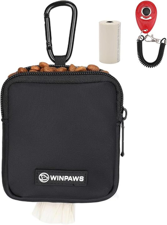 Dog Treat Pouch with Training Clicker,Waterproof Nylon Fabric Poop Bag Holders for Leashes,Hands Free Small Dog Walking Bag with Carabiner, Pet Puppy Training Walking Essentials (Black)