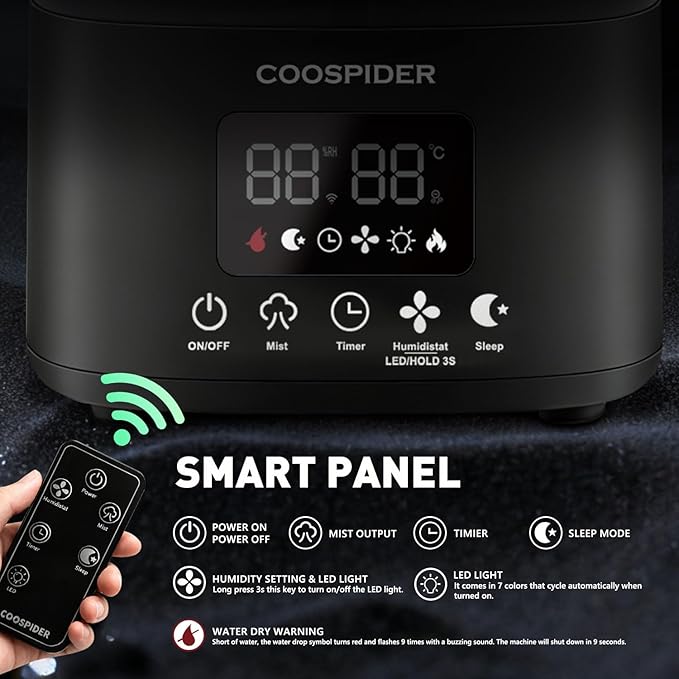 Coospider Reptile Fogger Terrariums Humidifier, Top Fill Cool Mist, Automatic Reptile Mister with Dual Hose, Timer, Humidity Control for Reptile Mister for Amphibians Herps Vivarium (5L/1.32GAL)