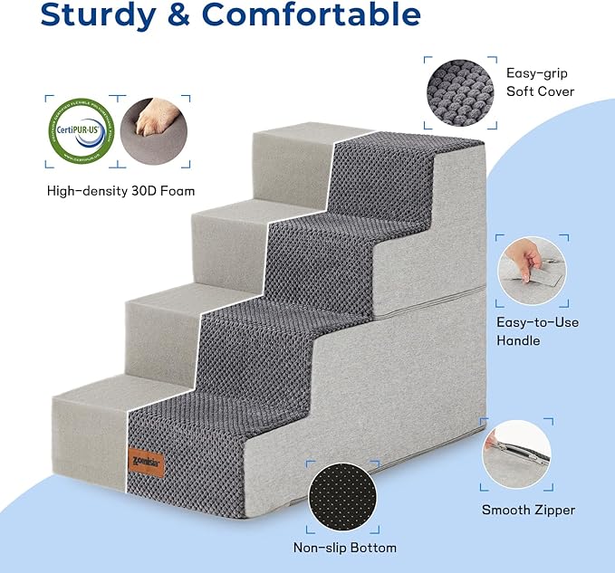 Dog Stairs for Small Dogs - Pet Stairs 2 in 1 with Zippers Suitable for Couch and Bed, 35D Foam Dog Steps with Non Slip Bottom Grey 4 Steps, Grey