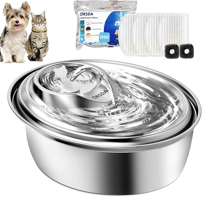 ORSDA Cat Water Fountain Stainless Steel, 3L Automatic Pet Drinking Fountain for Cats Inside, Dog Water Dispenser with Adjustable Water Flow and 6 Replacement Filters for Cats, Dogs