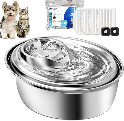 ORSDA Cat Water Fountain Stainless Steel, 3L Automatic Pet Drinking Fountain for Cats Inside, Dog Water Dispenser with Adjustable Water Flow and 6 Replacement Filters for Cats, Dogs