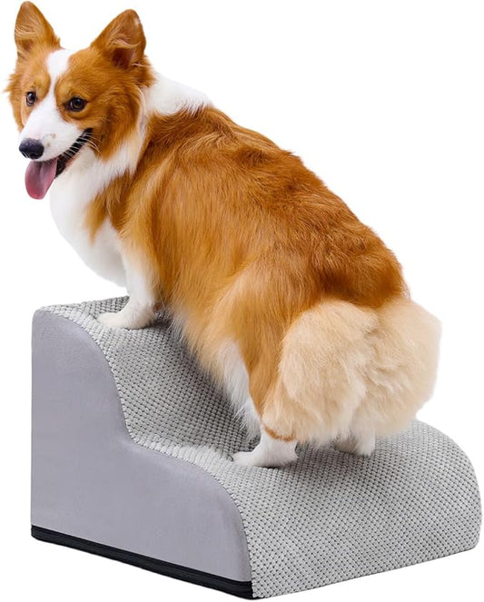 Dog Stairs for Small Dogs and Cats, 12" H 2 Steps Pet Steps Ramp for High Bed, Couch, Sofa, Waterproof Pet Stairs with Removable Washable Cover, Non-Slip Bottom, Light Gray