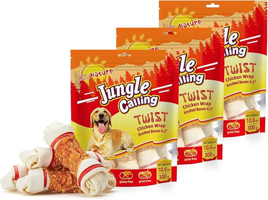 Jungle Calling Chicken Wrap Knotted Bones Dog Chews 6.5" Pack of 4, Long Lasting Beefhide Treats Real Chicken Wrap Rawhide Bones for Large Dogs Training Treats (3 Packs)