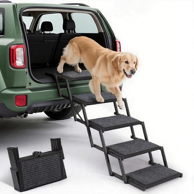 Dog Steps for Car, Truck and SUV - Foldable Pet Stairs for Large Dogs with Non-Slip Rug Surface, Lightweight Dog Ramp Holds Up to 250lbs, 5 Steps