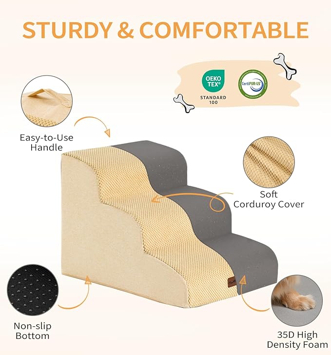 Made4Pets Dog Stairs Ramp for High Bed 22.8" H, 5-Step Pet Stairs for Bed Couch Sofa Climbing, 35D Foam Pet Steps for Small Dogs and Cats, Non-Slip Bottom Dog Steps, Tan