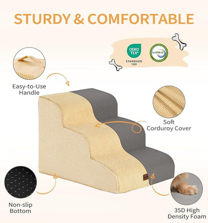 Made4Pets Dog Stairs Ramp for High Bed 22.8" H, 5-Step Pet Stairs for Bed Couch Sofa Climbing, 35D Foam Pet Steps for Small Dogs and Cats, Non-Slip Bottom Dog Steps, Tan