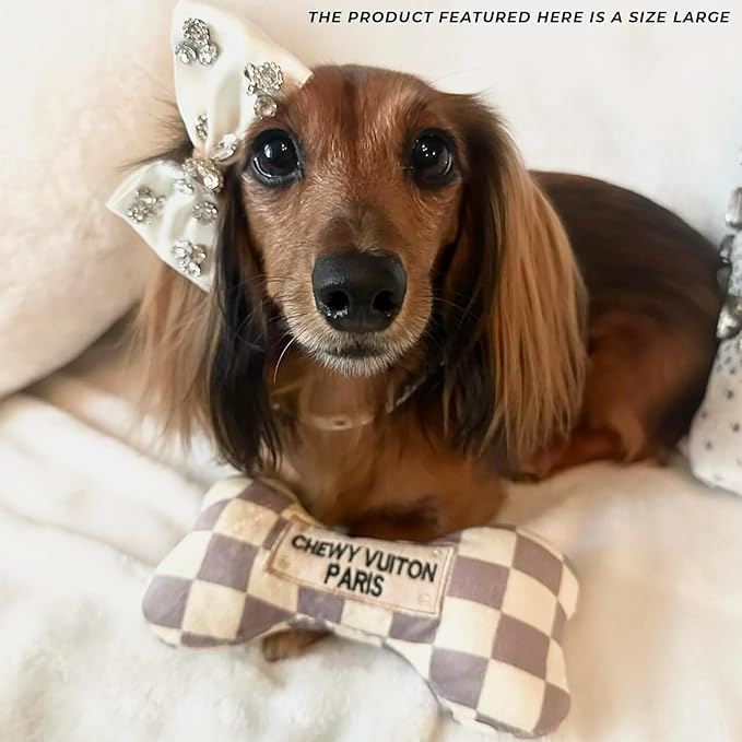 Haute Diggity Dog Checker Chewy Vuiton Bone, Plush Designer Dog Toys with Interactive Squeaker, Stimulating Pet Enrichment, Machine-Washable & Safe Materials for All Breeds, Size Large