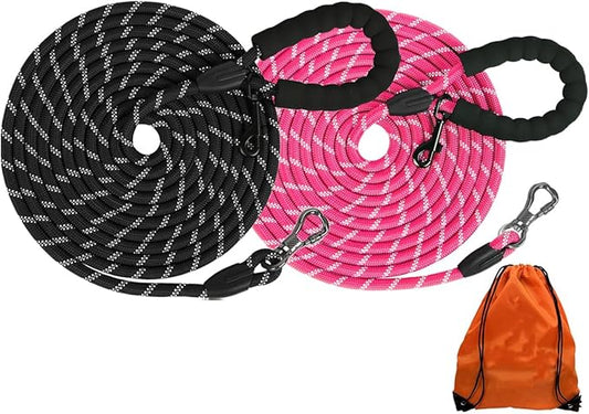 (2 Pack) Long Dog Leash for Dog Training 30FT, Lockable Hook Heavy Duty Dog Lead Tie Out Rope for Large Medium Small Dogs Outside Walking, Playing, Camping, or Yard(Black&Pink)