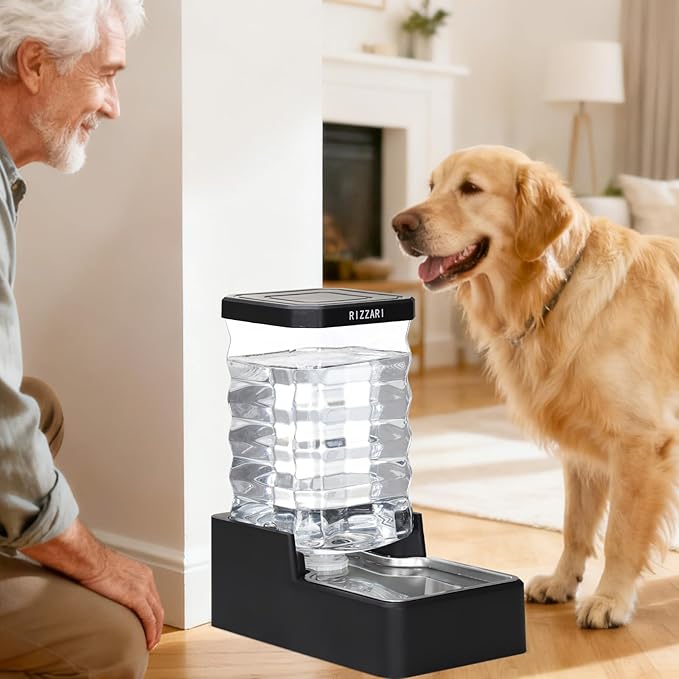 RIZZARI Stainless Steel Pet Water Feeder: 8.5L Large Gravity Waterer - Less Refills All-Day Water - No Mess Keeps Floors Dry - Quiet Refill - for Medium to Large Dogs - Workday/Day Trip