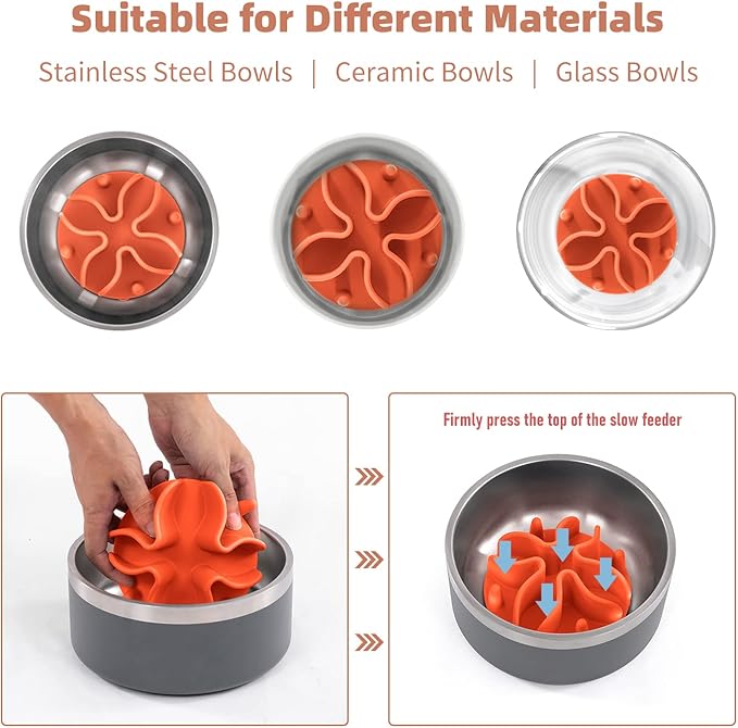 Jaoul Slow Feeder Dog Bowls Insert, Puzzle Slow Feeder Insert with 51 Octopus Suction Cups for Medium Large Size Dog Food Bowl Over 6.5" Wide (Orange)