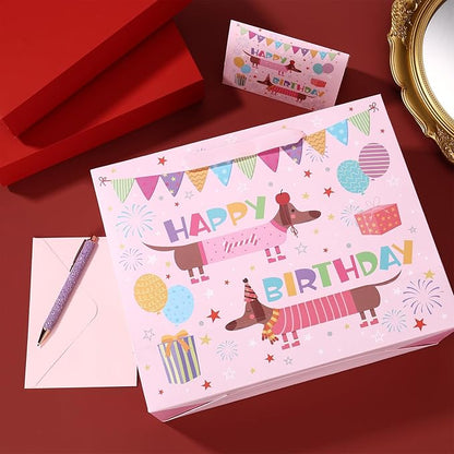Fukaisu Large Dog Birthday Favor Bags, 13" Dachshund Happy Gift Bags with Card Tissue Envelopes for Dog Birthday Party Decoration