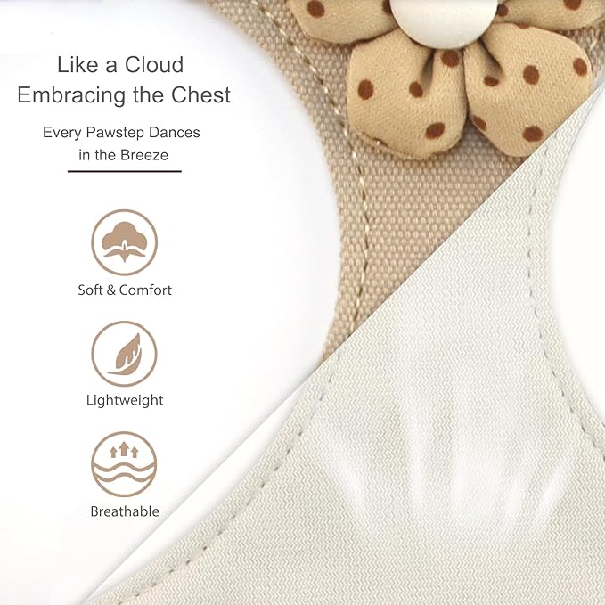 Small Dog Harness with Leash and Flower, Cute Breathable Puppy Harness Easy for Walking, No Pull No Choke Escape Proof Pet Harness, Brown S