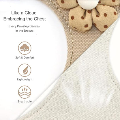 Dog Harness with Leash and Flower, Cute Breathable Puppy Harness Easy for Walking, No Pull No Choke Escape Proof Pet Harness, Brown M