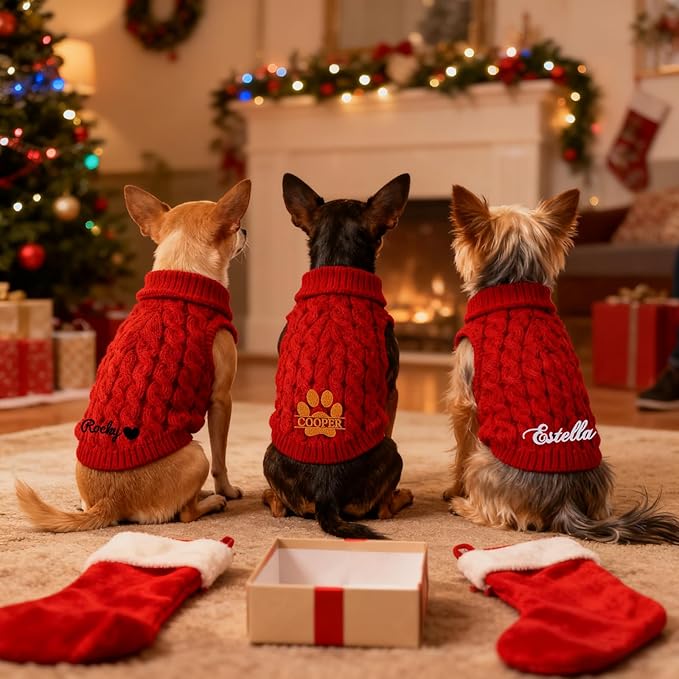 Personalized Embroidered Names Dog Sweater, Custom Cats Winter Clothes, Personalized Christmas Boy Girl Dog Sweaters, Birthday Xmas Party Gifts for Pet Lovers