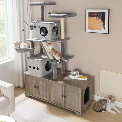 HOOBRO Double Litter Box Enclosure with Cat Tree, 45.3" L x 17.7" W x 68.9" H All-in-One Modern Cat Tower with Bed, Hidden Litter Box Enclosure Furniture, with Hammock, Sisal Posts, Greige BG22MZ03