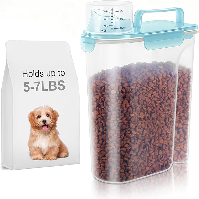 5-7Lbs Cat Dog Storage Container, Portable Pet Food Containers with Upgraded Large Spout and Cup, Small Animal Kibble Dispenser for Bird Seed, Oatmeal, Rice, Flour-Clear Blue