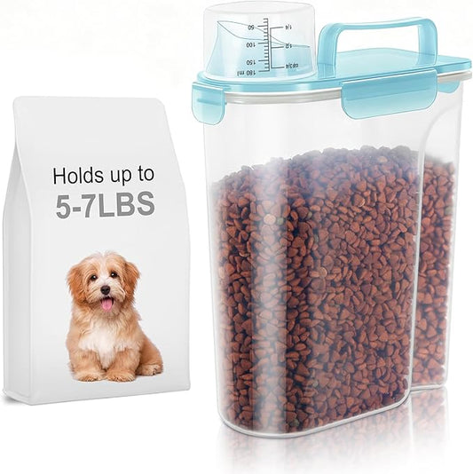5-7Lbs Cat Dog Storage Container, Portable Pet Food Containers with Upgraded Large Spout and Cup, Small Animal Kibble Dispenser for Bird Seed, Oatmeal, Rice, Flour-Clear Blue
