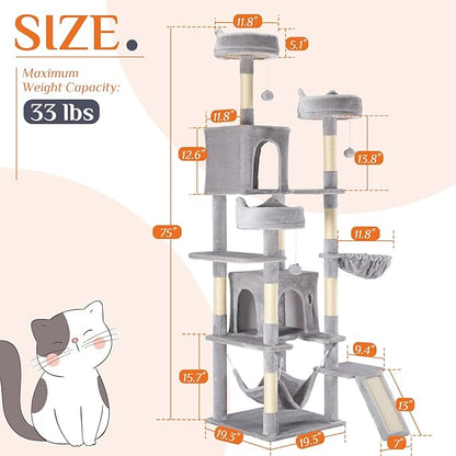 DUMOS Tall Cat Tree 75 Inch, Large Multi-Level Cat Tree Tower with Condo, Perches, Sisal Scratching Posts Board and Hammock, Pet Play House with Dangling Balls for Indoor Cats, Light Grey