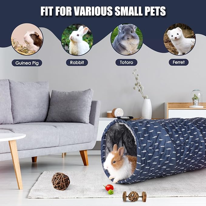Rabbit Tunnel - Guinea Pig Tunnel, Guinea Pig Tube, 2-Way Small Pet Play Tube, Folds Flat for Storage, Ideal for Adult Small Pets, Dark Blue, Leaf Pattern