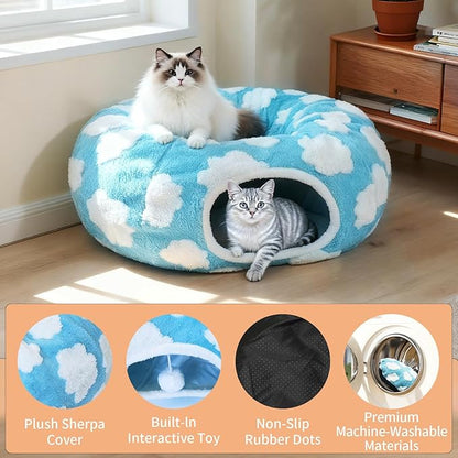 Cat Tunnel Bed for Indoor Cats, Plush Washable Cushion Peekaboo Play Space for Kittens, Puppies, Rabbits, Multifunctional Collapsible Design, Soft Collapsible Cat Cave with Central Mat (Blue)