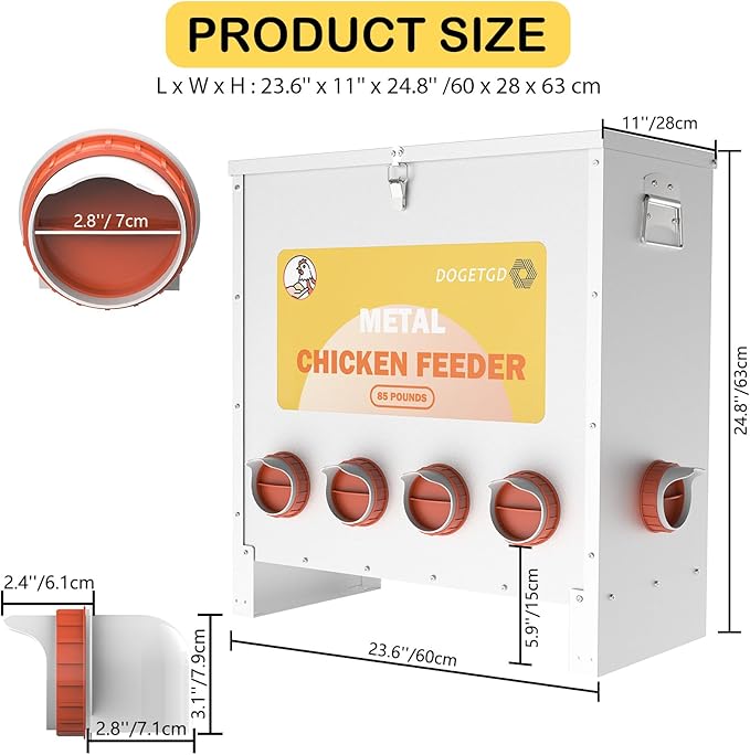Automatic Chicken Feeder No Waste Metal Poultry Feeder Large Capacity 85lbs for Chickens, Geese, Ducks, Turkeys, Quails (10-Port)