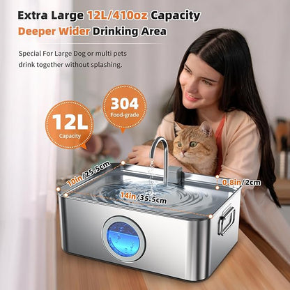 Dog Water Fountain Stainless Steel 12L/410oz/3.2Gal, DYSJ01 Ultra Quiet Pet Water Fountain for Large Dogs Cats & Multi-Pet Home with Water Level Window & LED Indicator