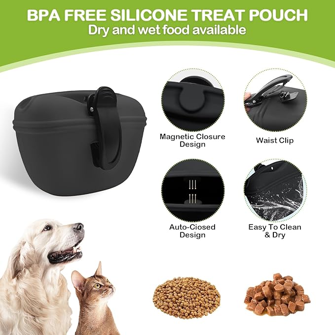 JIURUN Dog Treat Pouch for Pet Training - Dog Treat Bag (Black) - Dog Training Kit, Dog Clicker for Training, Silicone Treat Bag, 2-in-1 Whistle Clicker, Collapsible Dog Bowl, 2 Dog Poop Bag