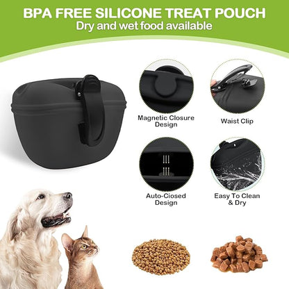 JIURUN Dog Treat Pouch for Pet Training - Dog Treat Bag (Black) - Dog Training Kit, Dog Clicker for Training, Silicone Treat Bag, 2-in-1 Whistle Clicker, Collapsible Dog Bowl, 2 Dog Poop Bag