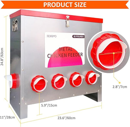 Automatic Metal Poultry Feeder No Waste Large Capacity 85-120LBS Weatherproof Animal-Proof 10-Port for Chickens, Geese, Ducks, Turkeys, Quails