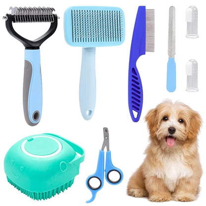 VCZONE 8 Pcs Dog Brush Grooming Kits, Includes Pet Nail Clipper and File, Flea Comb, Pet Shampoo Bath Brush, Pet Shedding Brush, Pet Dematting Comb, Silicone Toothbrush (Blue)