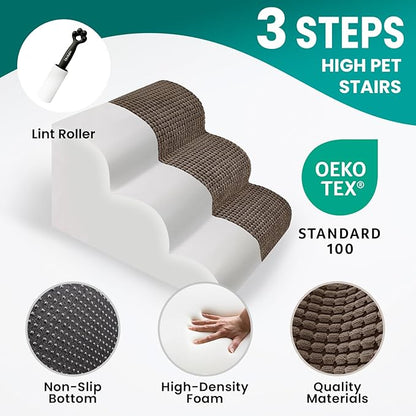 Dog Stairs for Small Dogs, 15.8 in H 3 Step Curved Dog Ramp for High Bed and Couch, Foam Dogs Ramp with Durable Non-Slip Waterproof Fabric Cover, Pet Stairs for Pets Joints, Brown