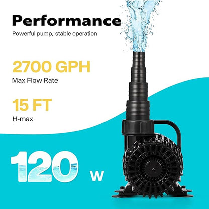 VIVOHOME 120W 2700GPH Submersible Water Pump with 180° Seamless Adjustable Nozzle and Barrier Bag for Koi Pond Waterfall Fountains Fish Tank