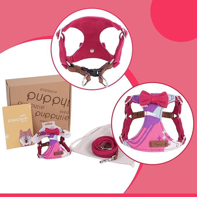 Puppytie No Pull xs Dog Harness with Multifunction Dog Leash,Soft Adjustable No Choke Escape Proof Pet Harness Vest,Suede Bow Wine red,XXS