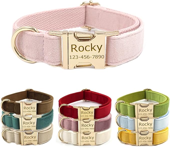 Personalized Velvet Dog Collars with Pet Name Phone Number Engraved, Custom Adjustable Soft Collar with Metal Buckle for Small Medium Large Dogs, Dog Leash and Bow Tie Available -Pink