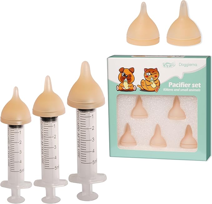 Doggiema Silicone Feeding Nipple and Syringes for Newborn Kittens, Puppies, Rabbits, Small Animals, Bubble Milk Bowl (3 Size Nipple+3 Syringes)