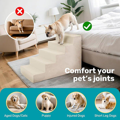 Dog Stairs for Bed, Extra Wide 5-Step Dog Steps for High Bed, High-Density Foam Pet Stairs with Non-Slip Removable Washable Cover for Small Pets, 23" H, Beige