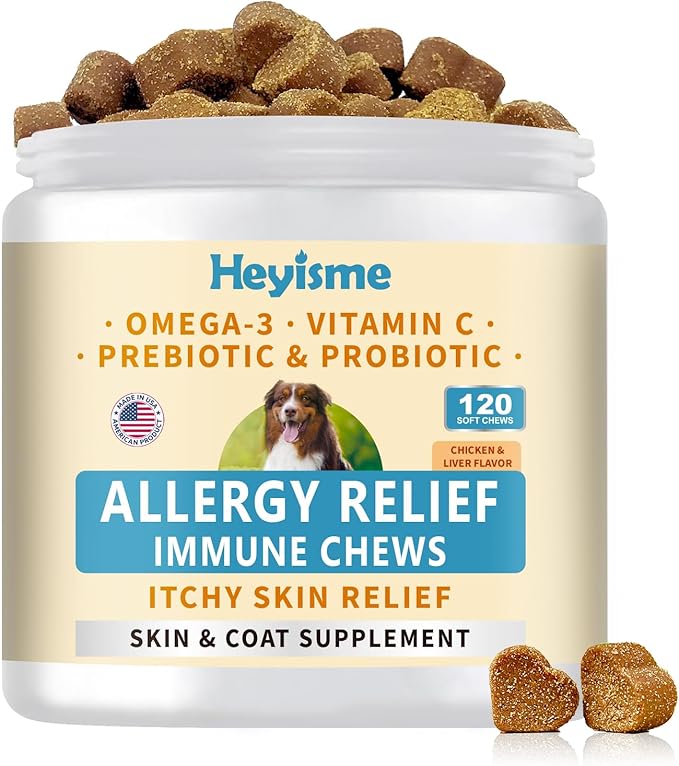 Dog Allergy Relief Chews, Itch Relief, Probiotics for Dogs, Omega-3 Fish Oil, Seasonal Allergy and Itchy Skin Treatment, Immune Support Supplement (120 Chews, Chicken)