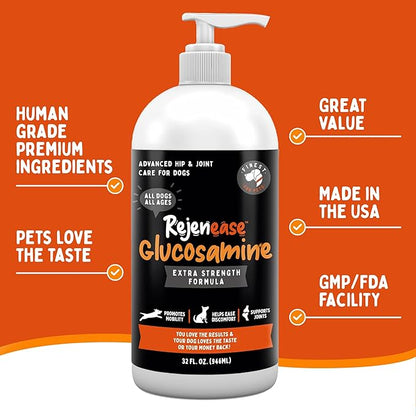 Rejenease Liquid Glucosamine for Dogs with Chondroitin, MSM & Hyaluronic Acid – Finest For Pets Hip & Joint Supplement for Dog Joint Support, Mobility, Stiffness & Pain Relief (32 oz, Made in USA)