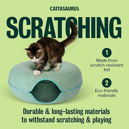 Cattasaurus Peekaboo Cat Cave, Extra Spacious for Multiple & Large Cats 15+ lbs, Scratch Detachable Cat Beds for Indoor Cats, Washable Tunnel Bed, Comfy Donut Tunnel (Sage Mist, Jumbo)