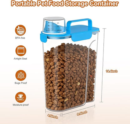 Dog Cat Food Storage Container, 5-7Lbs Pet Food Containers, Airtight Cat Food Container with Portable Handle & Measuring Cup, Small Animal Dry Food Dispenser for Dogs, Cats and Birds