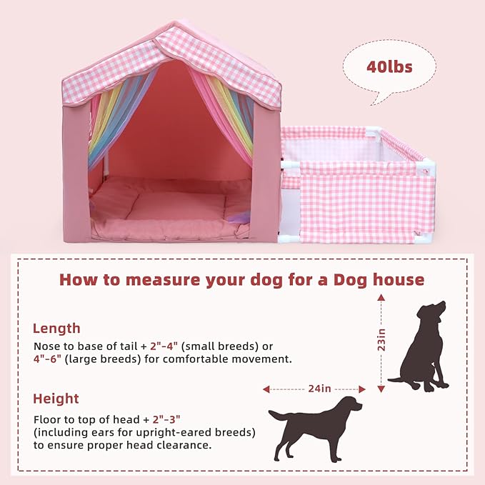 Dog House Indoor with Frame for Small to Medium Dogs, LitaiL Cute Dog Tent Bed with Play Area, Breathable, Washable, Cute Princess Dog Cat House with Soft Plush Cushion, 44" L x 26.8" W x 25" H, Pink