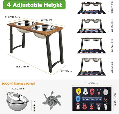 Elevated Dog Bowls for Large Dogs with Slow Feeder & Mat, 4 Height Adjustable & 101oz Bowls, Tall Raised Dog Bowl Stand