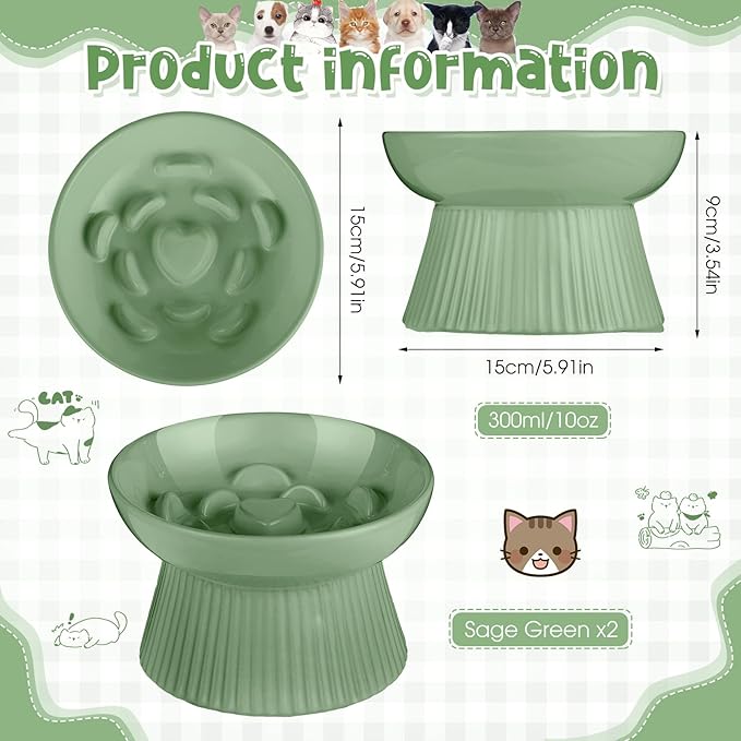 Tioncy 2 Pcs Raised Cat Slow Feeder Bowl Ceramic Elevated Cat Dog Food Bowl No Spill High Edge for Dry Wet Food and Water Easy to Clean, Dishwasher Safe(Sage Green)