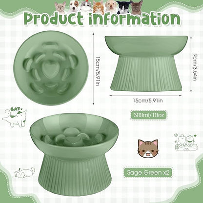 Tioncy 2 Pcs Raised Cat Slow Feeder Bowl Ceramic Elevated Cat Dog Food Bowl No Spill High Edge for Dry Wet Food and Water Easy to Clean, Dishwasher Safe(Sage Green)