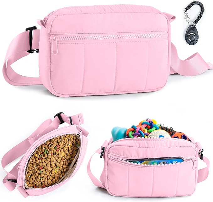 Fashion Dog Treat Pouch with Clicker Stylish Crossbody Dog Walking Bag, 3-in-1 Dog Training Treat Pouch with Removable Waterproof Liner, Treat Holder Waist Bag for Puppy Training & Daily Walks