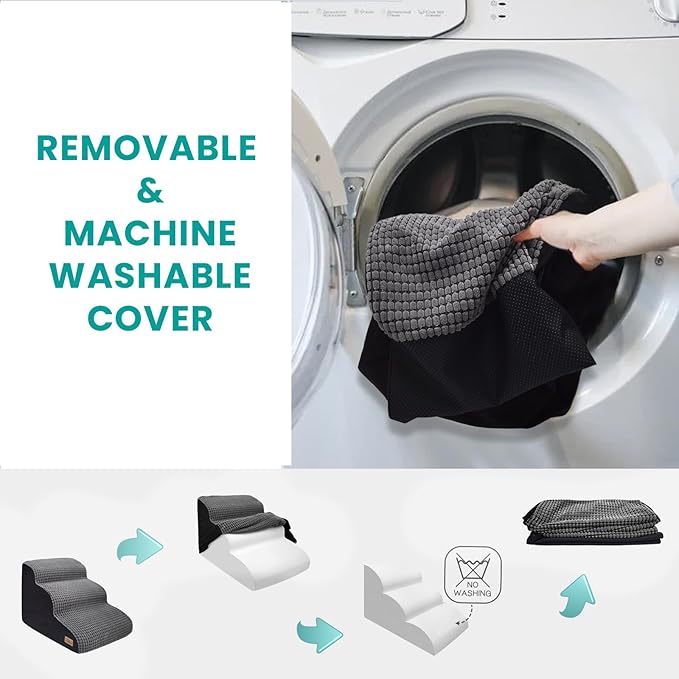 Dog Srairs for Small Dogs, 4-Step Dog Ramp for High Beds and Couch, Foam Dog Stairs with Durable Non-Slip Waterproof Fabric Cover, Grey Pet Stairs for Pets Joint