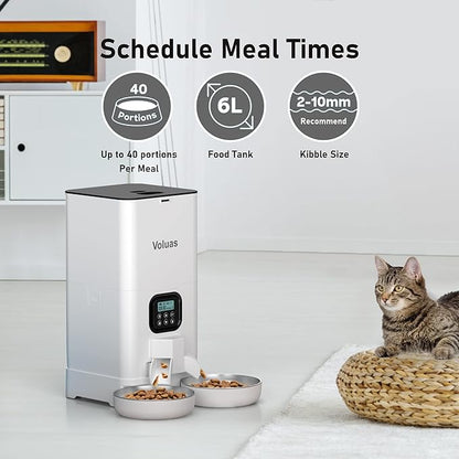 Voluas Automatic Cat Feeder for Two Cats, Double Pet Feeder with 2 Stainless Steel Bowls,6L Timed Cat Feeders with Memory Function