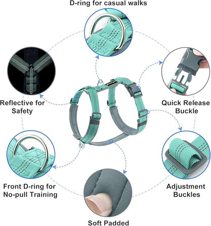 Plutus Pet No Pull Dog Harness, Adjustable Nylon Harness with Soft Padding, Reflective and Heavy Duty Dog Harness for Small, Medium, Large Dogs(Teal, XL)